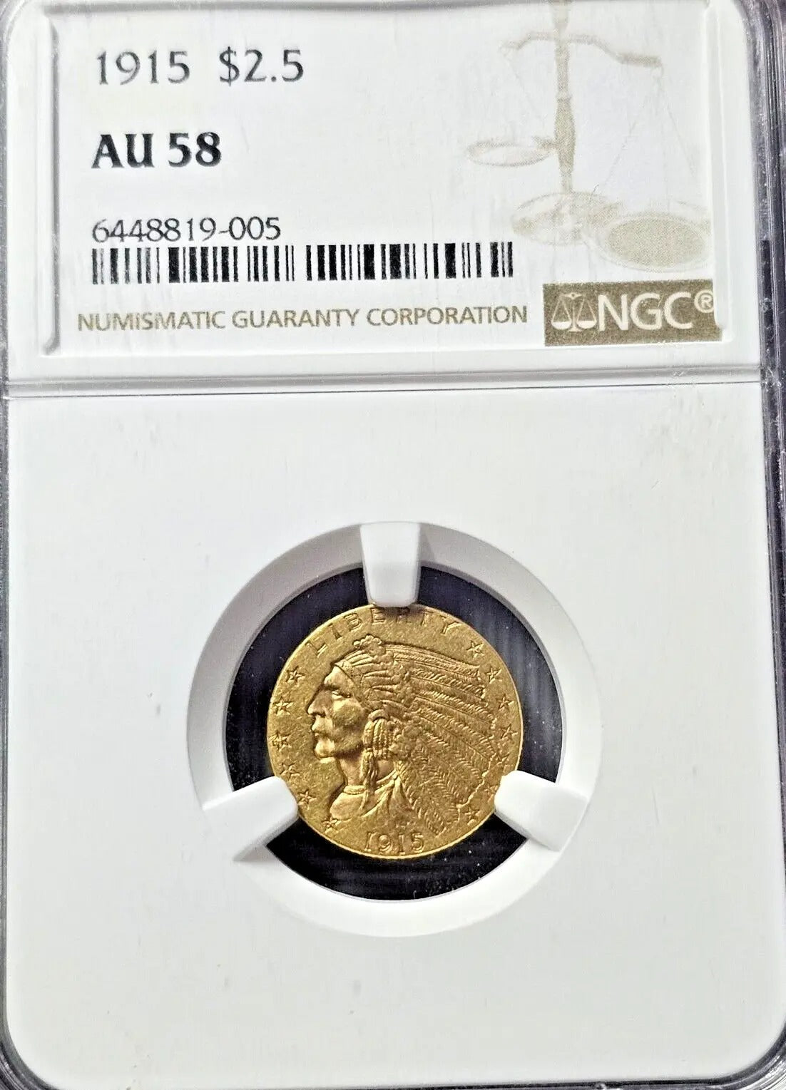 1915 $2.5 Gold Quarter Eagle Coin | NGC AU58