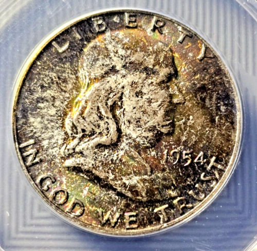 1954 Franklin Silver Half Dollar | MONSTER TONING | MS65 | Bugs Bunny Rev Die Error